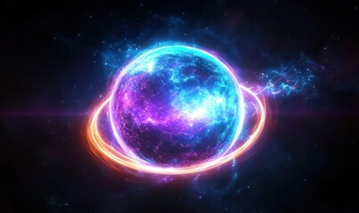 Obraz premium Glowing neon planet with energy rings in outer space