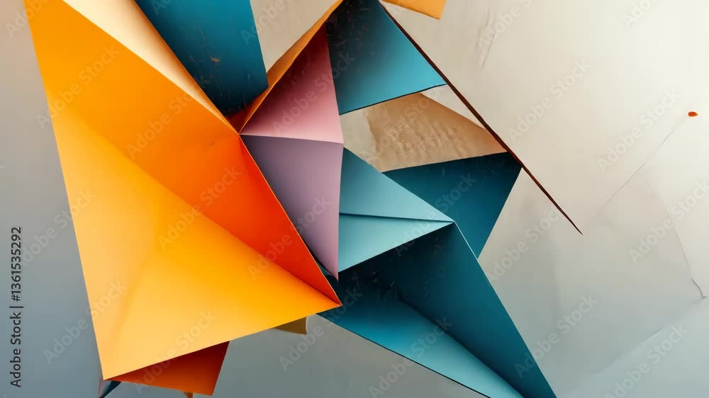 Poster abstract composition of angular orange and blue geometric shapes on light background