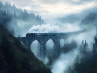 Fototapeta premium Journey Through Fog: A classic train journeys across a stone bridge shrouded in mist, traversing a mountainous landscape, evoking a sense of mystery and adventure.