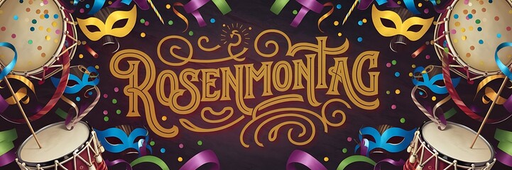 A vibrant Rosenmontag carnival design with bold ‘Rosenmontag’ typography at the center, surrounded by colorful confetti, masquerade masks, drums, and festive elements in a lively composition