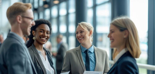 At a conference, colleagues brainstorm new ideas, with a focus on professional collaboration, while a businesswoman highlights the positive energy of teamwork.