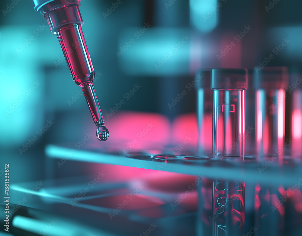 Poster close up of a pipette dripping red liquid into test tubes in a laboratory setting with blue and red 