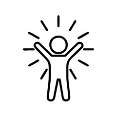 Happy stick figure with raised arms and rays, simple design for joy and positivity concept