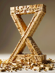 Abstract Wooden X Sculpture: Intricately Carved Geometric Art with Shattered Pieces and Sawdust Rustic 3D Letters X Realistic Wooden Texture Alphabet Isolated on dark brown background, wood typography