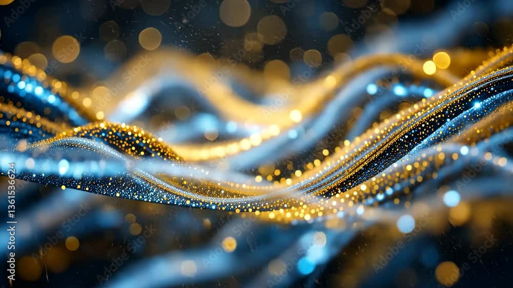 Poster abstract flowing gold and blue particle waves on a dark surface with shimmering light effects for el