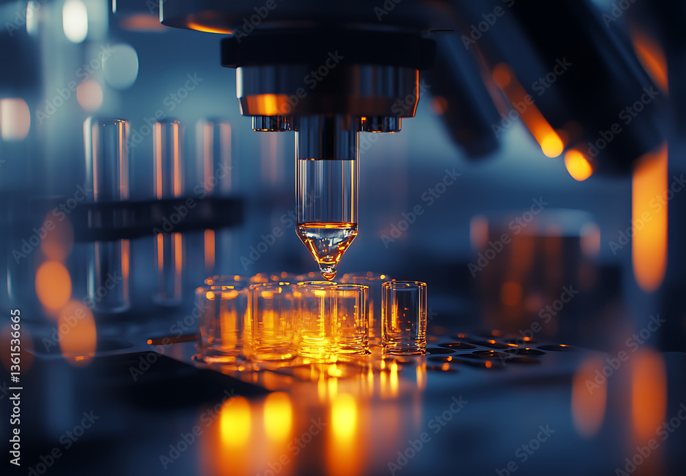 Poster a robotic arm dispensing liquid into small vials in a laboratory setting with soft lighting effects