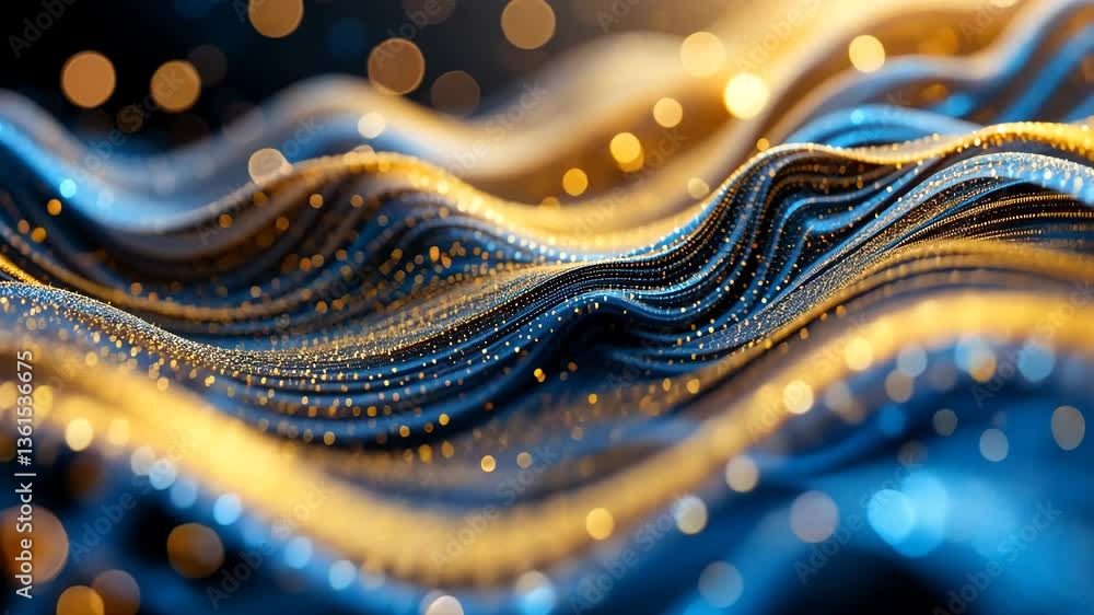 Poster abstract flowing lines in golden and blue hues with bokeh lights dynamic background