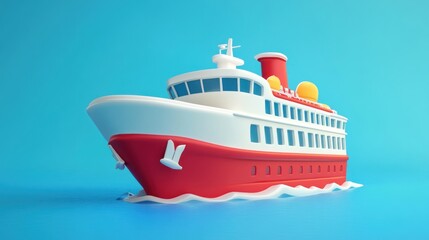Fototapeta premium Toy-like cruise ship with bright colors floating on water
