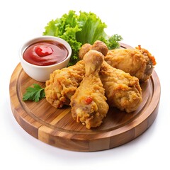 Fried chicken legs in a chopping board isolated on white background