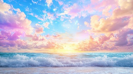 Obraz premium A tranquil seaside view with gentle waves and a glowing sunset, featuring anime-style clouds and soft bokeh effects with generous copy space,