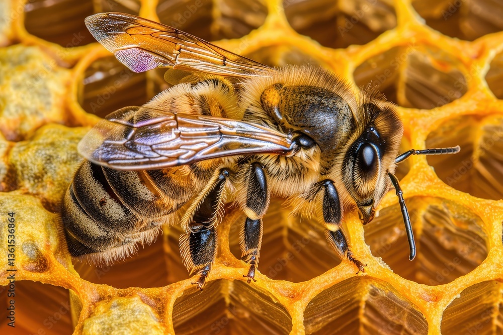 Poster a close-up view of a bee on honeycomb, showcasing intricate details of its body and the hexagonal st