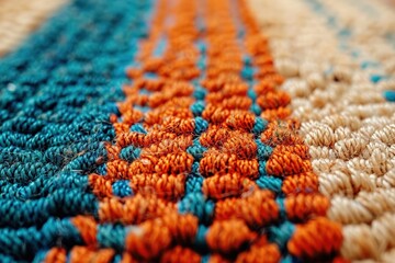 Obraz premium A close-up image of a colorful woven rug featuring stripes of blue, orange, and beige, showcasing intricate textures and patterns.