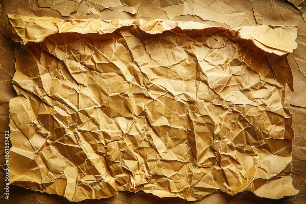 Poster a crumpled, textured piece of brown paper with intricate folds and wrinkles, creating a unique visua