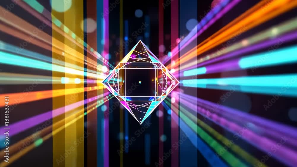 Poster abstract glowing diamond shape with radiant lines and bokeh lights on dark background