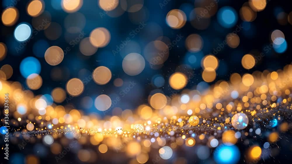 Poster abstract gold and blue bokeh lights festive backdrop with blurred circles and shimmering texture