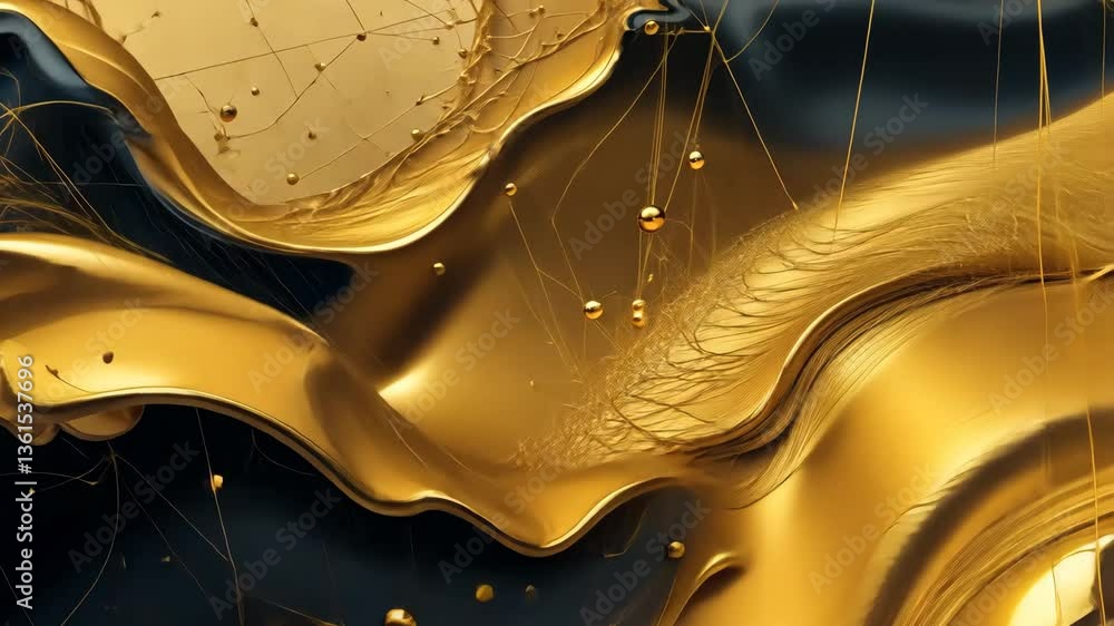 Poster abstract golden flowing waves with floating particles on dark backdrop for luxurious design
