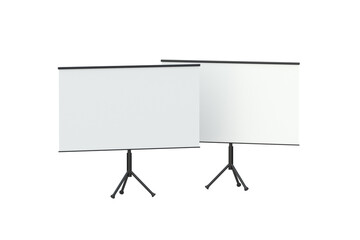 Two projection screens stand on tripods isolated on white background. Whiteboard for presentation or education. 3d render