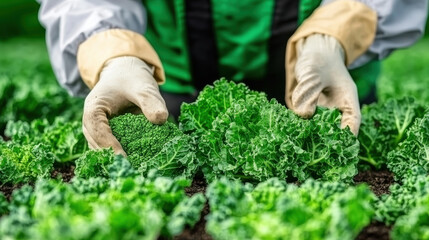 ESG Environmental Social Governance farmer inspects fresh organic vegetables in lush green field