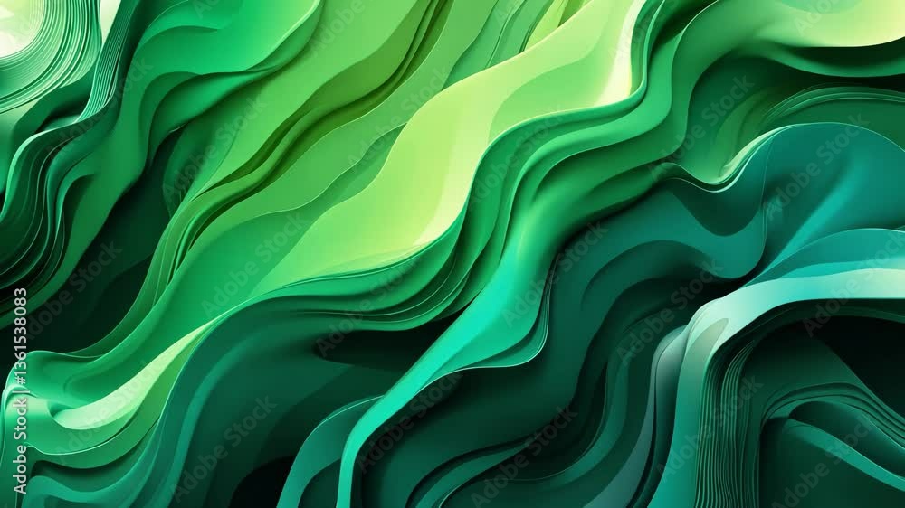 Poster abstract green fluid design with flowing wave shapes and light effects on dark background