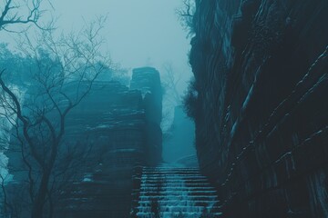 Fototapeta premium Mysterious foggy landscape featuring rugged cliffs and stone steps, surrounded by bare trees, evoking a sense of solitude and exploration.