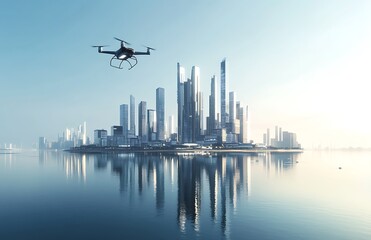 Naklejka premium A futuristic cityscape on an island with skyscrapers and flying cars