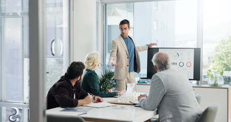 Presentation, finance and businessman in office with team for company profit, revenue or dividend. Discussion, professional and financial manager with group of investors for investment planning.