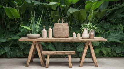 Fototapeta premium Wooden table and bench in a lush green garden