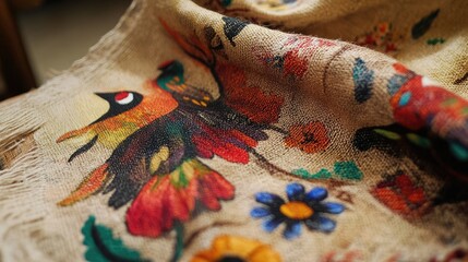 Vibrant Bird and Floral Design on Rustic Burlap Textile