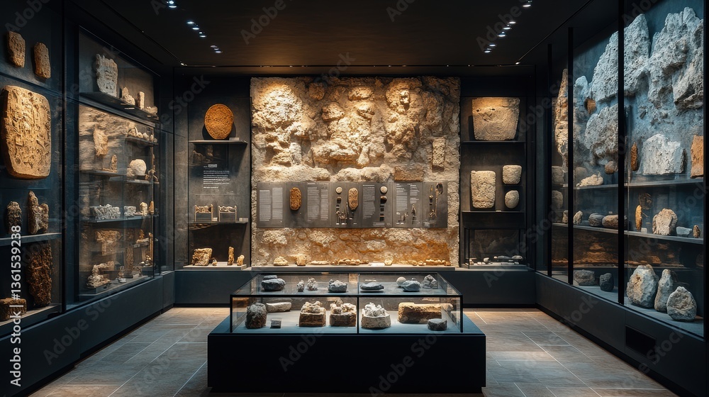 Poster museum exhibition displaying ancient artifacts within display cases and stone walls