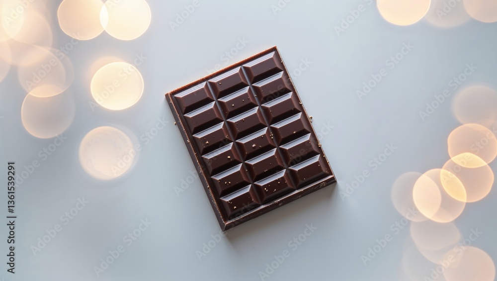 Poster dark chocolate bar resting on a light-colored surface with soft bokeh effect in the background