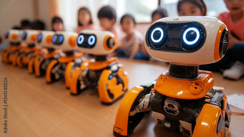 Poster a row of orange and white robots with glowing eyes sit in front of a group of children watching them
