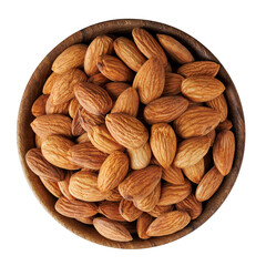 Top view of wooden bowl with almond nuts isolated on white background