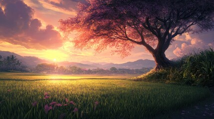 Fototapeta premium Sunset over tranquil rice paddy, majestic tree, idyllic landscape, peaceful scene, ideal for travel posters