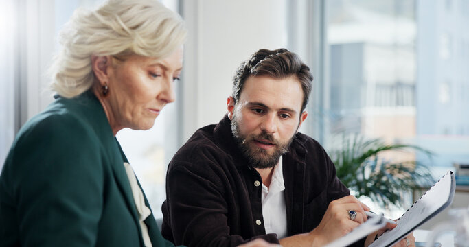 Client, meeting and paperwork with business people in office for negotiation, feedback and planning. Advisor, consulting and proposal with employee in agency for contract policy, review and project