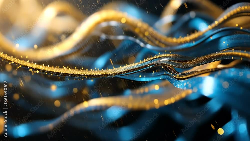 Poster abstract wavy blue and gold pattern with dynamic flowing particles