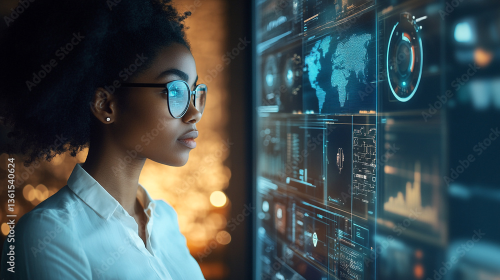 Poster woman with glasses looking at a large screen displaying data and world map information analysis