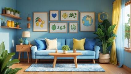 Elegant Living Room with Green Plants and Framed Art