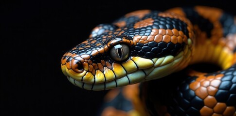 Fototapeta premium Close-up of a reptile's head, showcasing intricate scale patterns and a captivating gaze