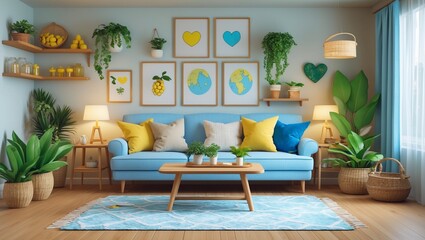 Charming Living Room with Blue Sofa and Green Plants