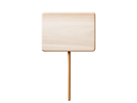 White, blank wooden signboard on a stick, isolated on transparent background