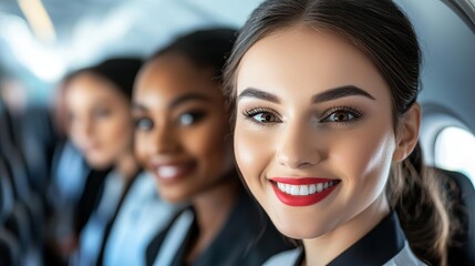 Close-up of a multicultural team of flight attendants, professional airline crew in elegant uniforms with welcoming smiles