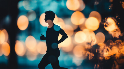 Obraz premium Silhouette of a man running with blurred lights in the background during a night time outdoor setting