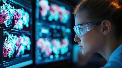 A focused scientist analyzes molecular structures on computer screens, showcasing advanced research and technology in a laboratory setting.