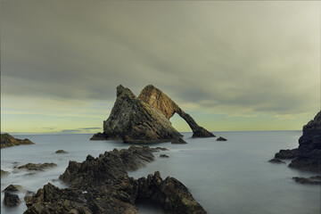 Bow Fiddle Rock, near Cullen beach and Moray coast in Scotland, United Kingdom