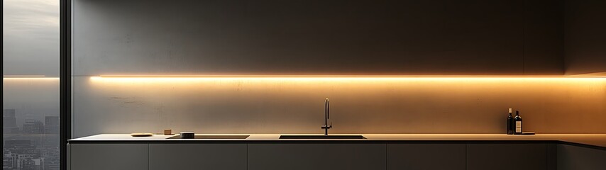 Modern minimalist kitchen interior with beautiful countertop illumination and a window
