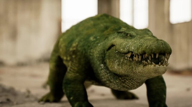 A crocodile walks through a deserted structure with overgrown vegetation. Sunlight filters through broken windows, highlighting its textured skin and sharp teeth as it navigates.