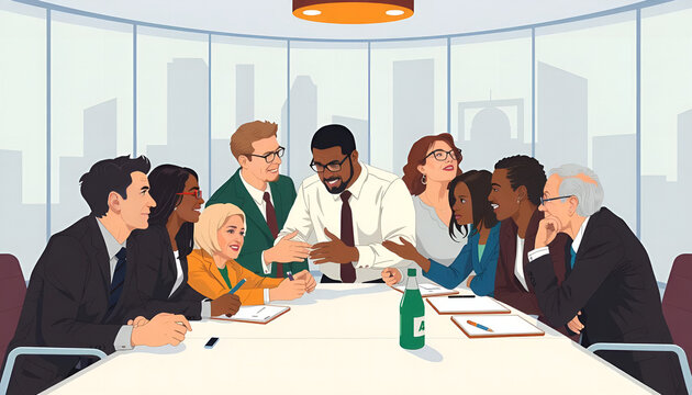 A diverse team collaborating in a lively meeting, exchanging ideas and strategies in a modern conference room with a cityscape view