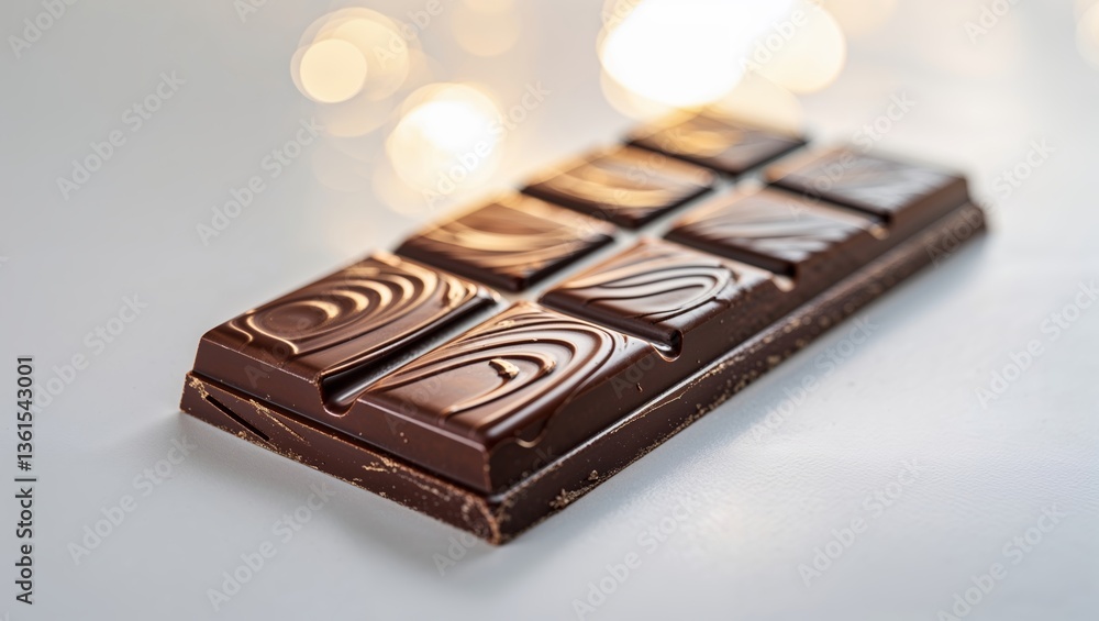 Poster delicious dark chocolate bar resting on a clean surface with soft lighting in the background