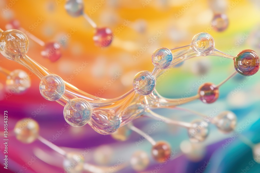 Leinwandbilder Molecules dynamically interacting over a colorful, flowing background in an abstract setting, molecules moving over waving multi coloured background