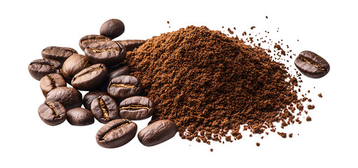 pile of coffee beans and powder with ground coffee isolated on white and transparent background